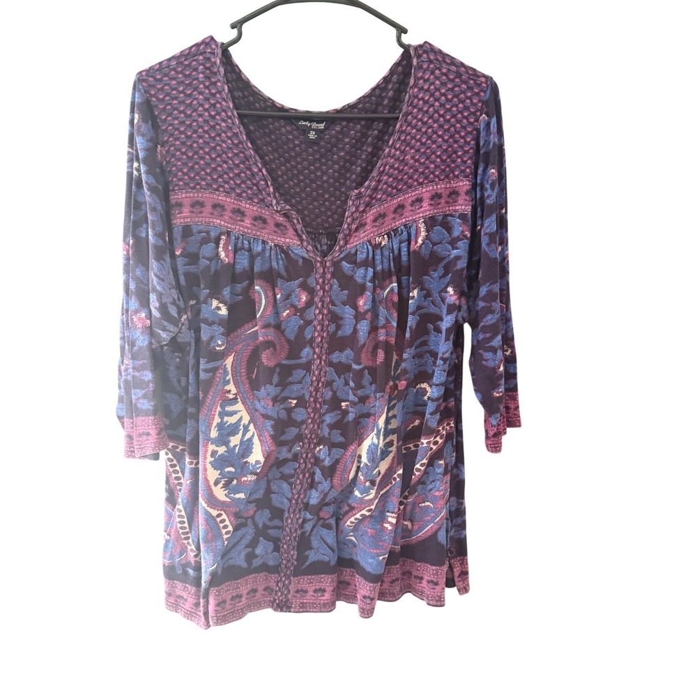 Lucky Brand Womens 2X Purple Paisley Floral Knit Peasant Top 3/4 Sleeve Boho